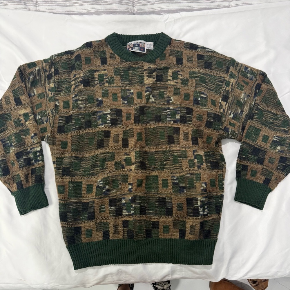Vintage Grandpa Patterned Green and Brown Men's Crewneck Sweater 80s Wool